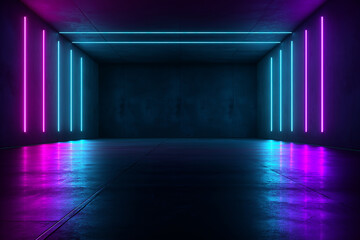 Empty room with blue and purple neon lights reflecting on wet floor