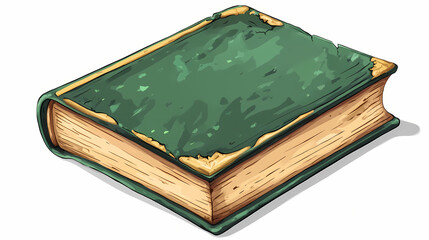 Old green book with worn cover and yellowed pages, white isolate background. Fatebound Relic. Illustration