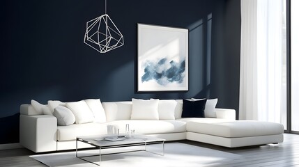 Modern Sectional Sofa in Navy Room: A spacious white sectional sofa takes center stage in a contemporary living room, complemented by a navy blue wall, geometric pendant light, and abstract artwork.