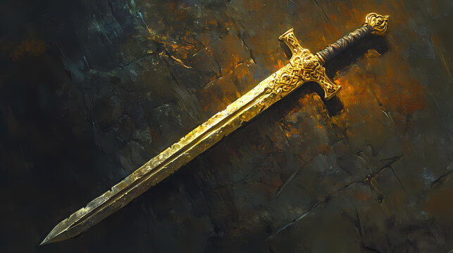 Ancient sword's legacy: an antique sword, its intricate hilt and aged blade whispers of a bygone era of valor, strength, and untold adventures. Whispered Blade. Illustration