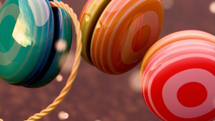 Three colorful striped yo-yos connected by twisted string, shown in extreme close-up, highlighting surface texture, circular patterns, and plastic toy design during mid-air suspension