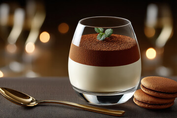 Elegant Tiramisu Dessert in GlassLuxurious and elegant presentation of classic tiramisu in a glass, paired with golden spoon and macarons, perfect for gourmet food and dessert themes.tiramisu