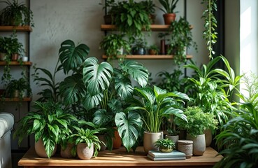 Stylish indoor plants composition in home garden. Green industrial interior with various houseplants in pots. Home decor, urban jungle. Living room design, many plants on table, shelves.