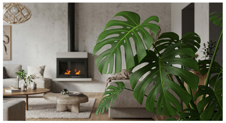 Lush Monstera Plant in Modern Living Room with Fireplace