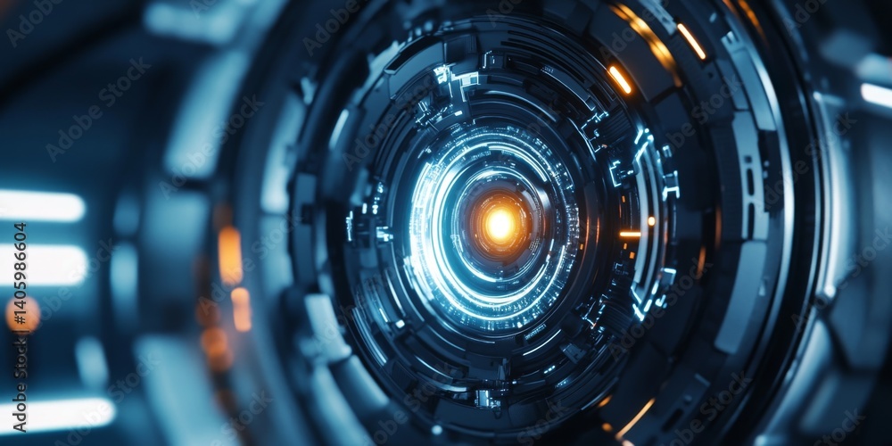 Poster a futuristic circular design featuring glowing elements. the image showcases a blend of technology a