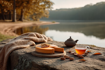 Serene Lakeside Autumn Picnic with Cheesecake and Tea 