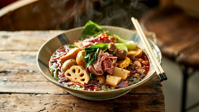 Spicy malatang hot pot bowl with skewered ingredients, rich broth steam rising, authentic Sichuan street food concept

