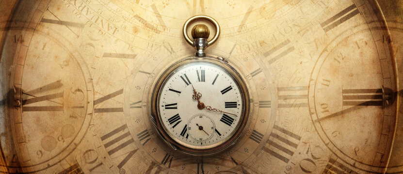 The old antique clocks on a vintage wide paper background. Concept of time, history, science, memory, information. Retro style. Vintage clockwork aand watch background.