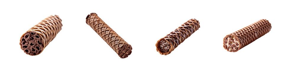 Set of Chocolate Wafer Rolls with Cream Filling isolated on transparent background