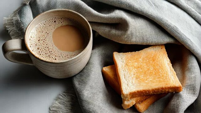 A cozy breakfast scene featuring a steaming cup of coffee and two slices of bread on a wooden table.