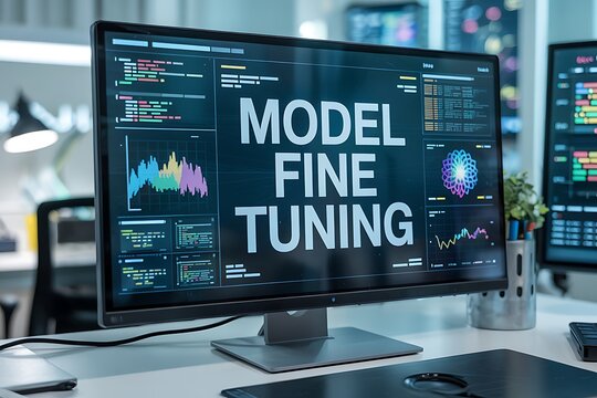 Model fine tuning displayed on computer monitor with colorful graphs, code snippets, and machine learning interface

