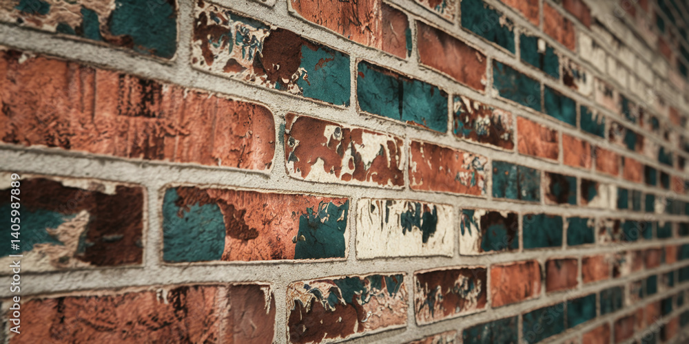 Poster Close-up of textured brick wall, red, teal, and cream bricks with peeling paint, creating a rustic and aged appearance suitable for design backgrounds