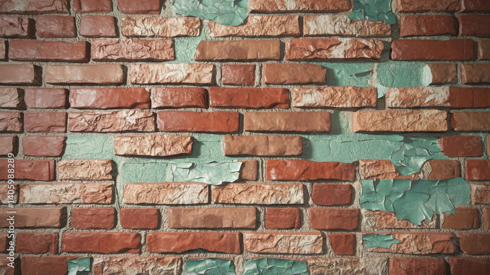 Poster close-up of a brick wall texture with red, brown bricks and peeling teal paint, showcasing a rustic 