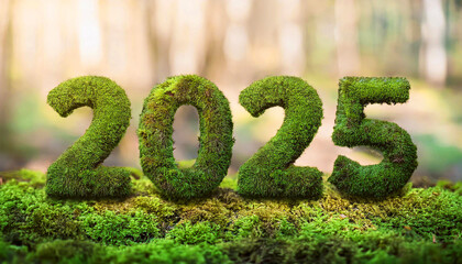 Wiosna 2025 rok, zielony napis z mchu, rozmyte tło