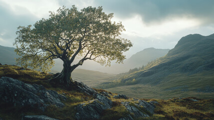 A cinematic ultrawide portrait capturing a colossal, ancient tree standing guard over a vast mountain range. Generative AI