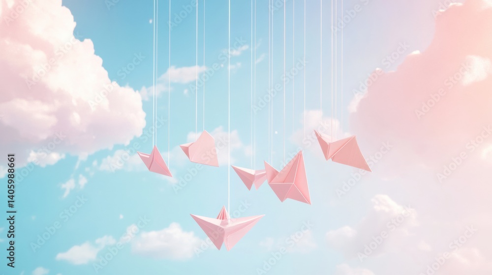 Poster soft sky adorned with hanging paper planes and gentle clouds creates a whimsical atmosphere suitable