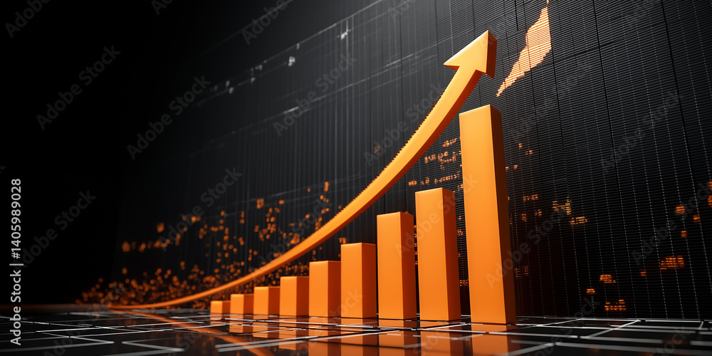 Poster growing bar graph and upwards arrow representing increasing profits