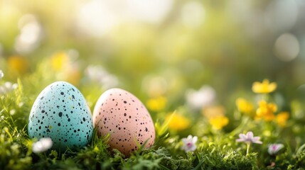 Colorful eggs in meadow
