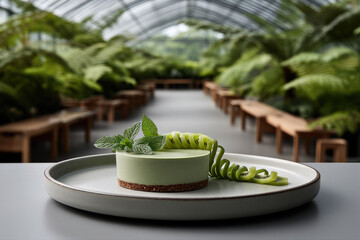 Elegant Green Dessert in Botanical Setting 
