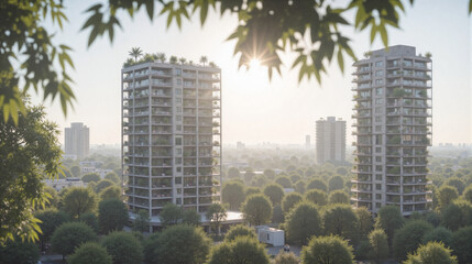 Obraz premium Modern Apartment Towers Amidst Green Canopy, Urban Living, Sustainable Design, Residential Buildings