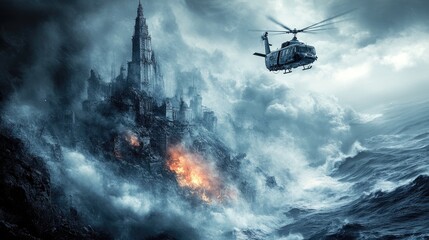 A city on a stormy hill is struck by fire while a helicopter flies nearby in the ocean