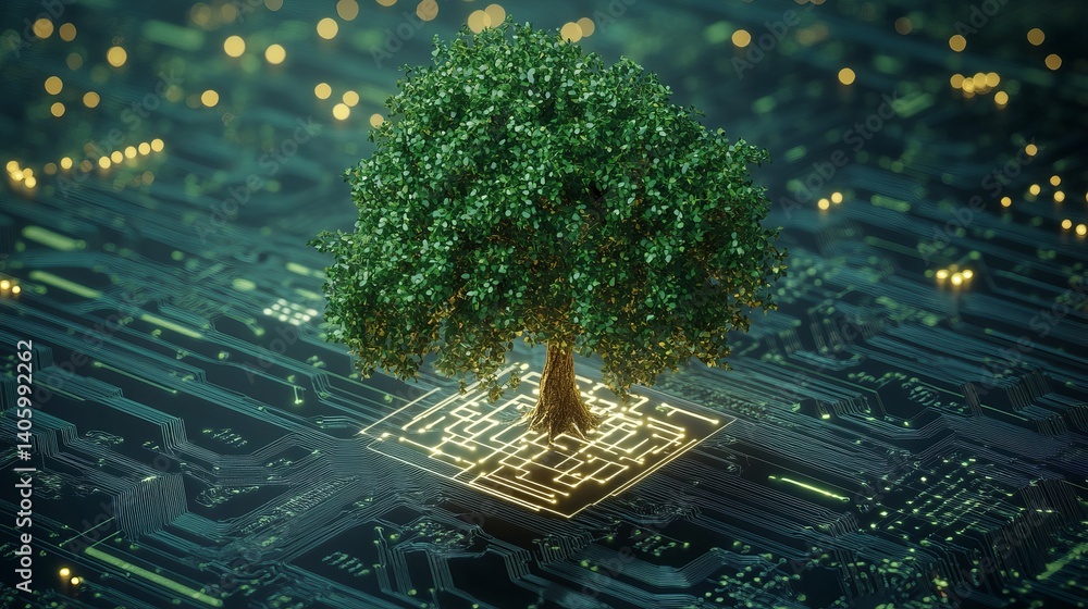 Poster a tree growing on a glowing circuit board in a dark environment with bokeh light effects visible 100