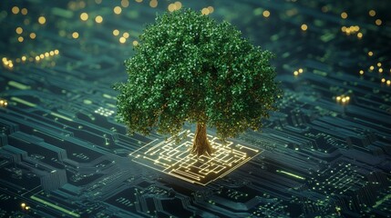 A tree growing on a glowing circuit board in a dark environment with bokeh light effects visible 100