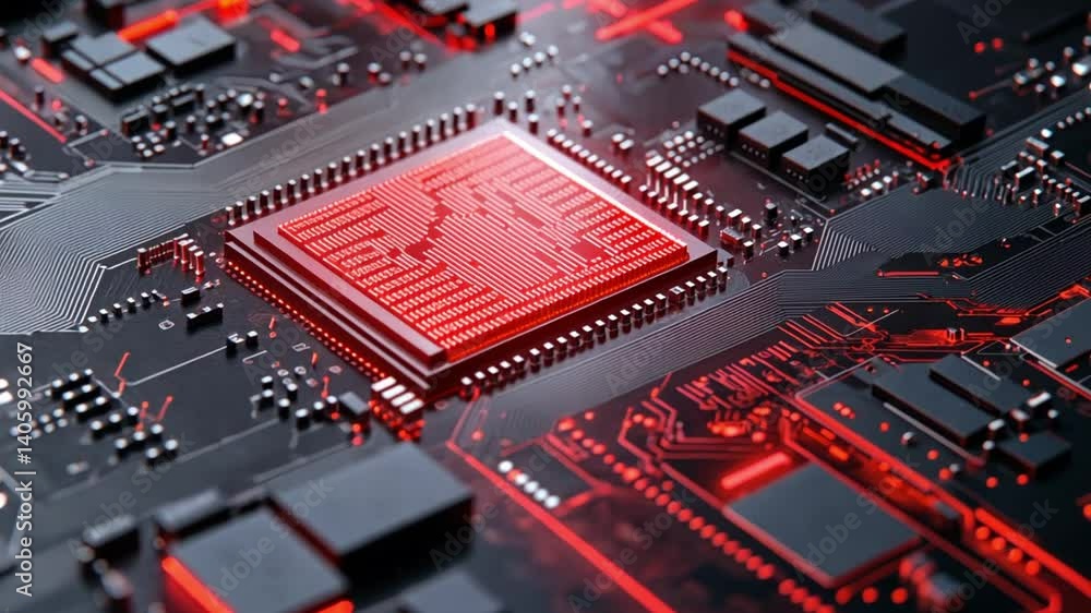Poster close-up of a red illuminated microprocessor on a circuit board