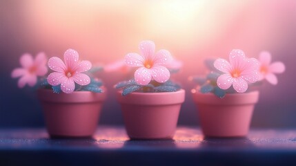Obraz premium Delicate pink flowers in small pots with dew glistening in soft morning light