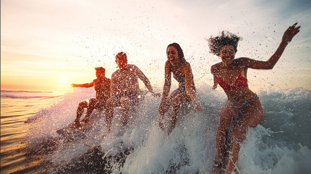 Group of Asian woman surfer in swimwear holding surfboard walking together on tropical beach at summer sunset. Female friends enjoy outdoor activity lifestyle water sport surfing on travel vacation