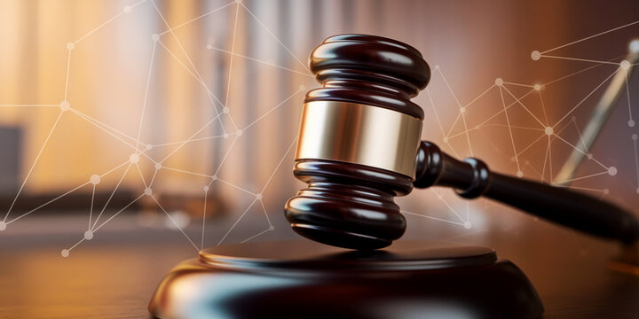 Close-up of dark brown wooden gavel on sound block, gold band detail, blurred background with network graphic overlay, symbolizing justice, law, and digital connectivity