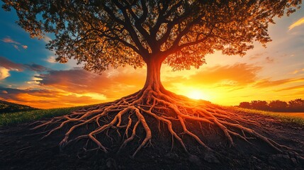 A majestic tree with exposed roots silhouetted against a vibrant sunset sky in a scenic landscape