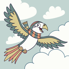Stylish cartoon bird with a cool scarf gliding through the clouds