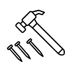 Hammer and nails outline vector illustration for carpentry woodworking and diy projects icon set