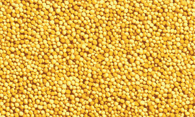 Yellow mustard seed spread background. Dry yellow sinapis alba grains, mostarde balls pattern vector illustration. Whole grain mustard as background, top view.