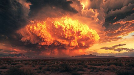 A dramatic sky with a large cumulonimbus cloud formation over a desert landscape at sunset time