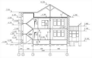 Vector architectural engineering construction
drawing of private residential building
with dimensional lines. Industrial design
on white sheet of paper. Blueprint of two-storey
suburban cottage.