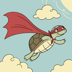 Cartoon turtle superhero flying with a red cape and mask