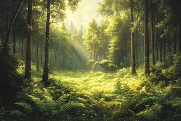 Fototapeta premium Inviting forest vista a mix of vibrant green foliage and soft diffused light over a natural carpet of ferns and wild grasses exuding calm energy