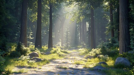 Fototapeta premium Inviting forest scene sunlit clearings among tall textured firs and whispering leaves perfectly capturing the essence of a vibrant natural retreat