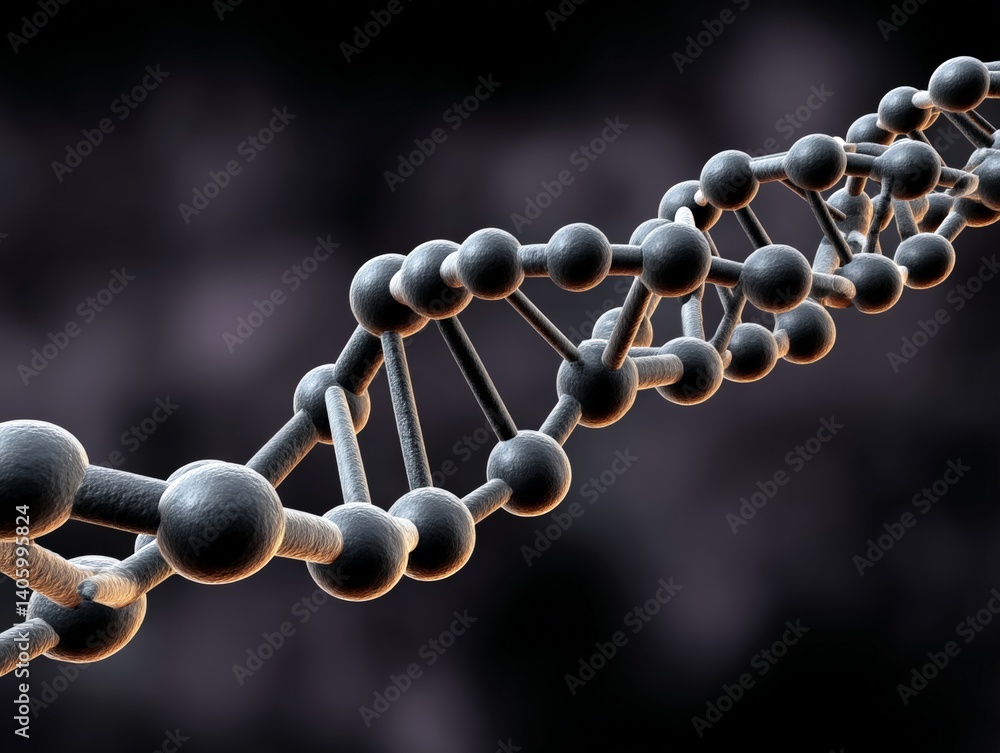 Poster molecular chain model composed of black and gray bonded spheres in 3d structure set on soft gradient