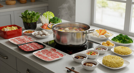 Cozy hot pot scene with fresh ingredients on a kitchen counter