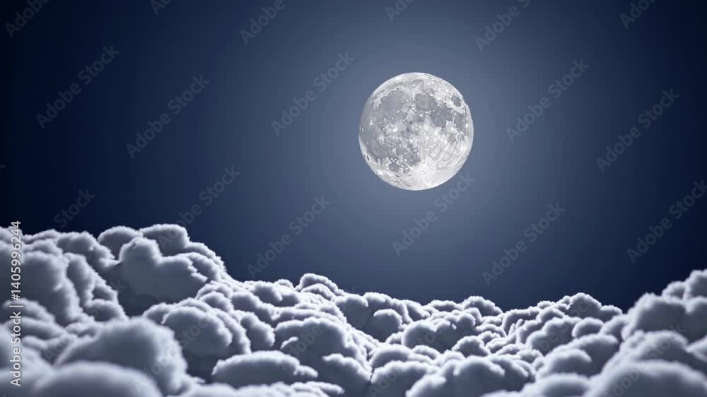 Poster a serene video scene with a low-angle view of a full moon illuminating fluffy clouds, creating a tra