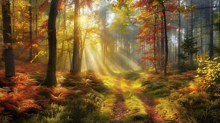 Idyllic woodland scene a narrow winding path bright sun filtering through a canopy of mixed deciduous trees inviting viewers into natures embrace