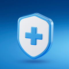 3D medical shield with a blue cross and pink checkmark symbol, representing verified health protection, safety assurance, and approved medical care on blue background.
