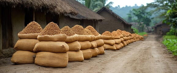 Sacks of potatoes piled by homes, earthy tones, rural scenery, path, village, natural light