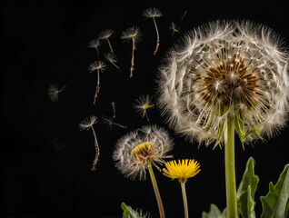 Frame of yellow dandelion flowers (Taraxacum officinale), isolated on black with clipping path