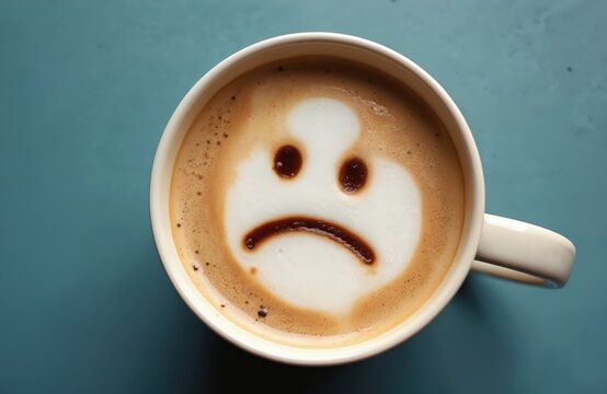 Top view coffee mug sad smiley face foam blue table. Conceptual image of bad mood, negative feelings or depression. Concept for Monday start day, stress, discomfort at work.