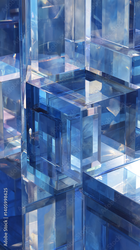 Poster stack of translucent blue cubes, creating an abstract, geometric composition suggestive of modern ar