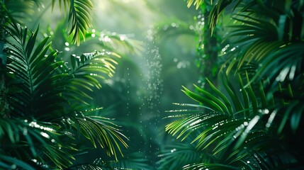 High detail rainforest background featuring layered tropical foliage twisting vines shimmering droplets that capture exotic wilderness essence